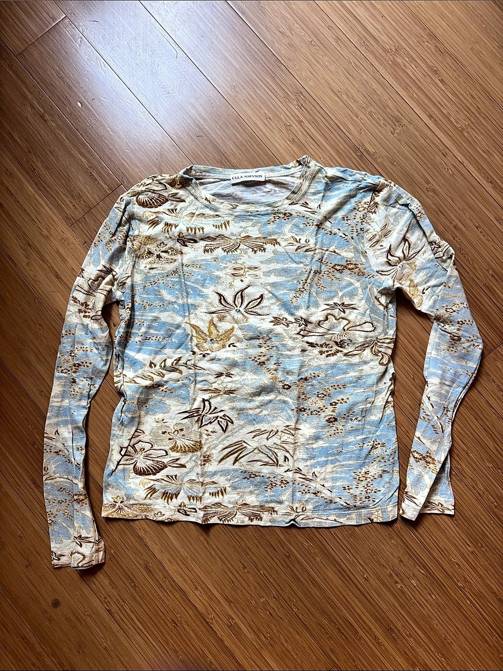 Ulla Johnson Clover Jersey Top Floral Blue & Brown Long Sleeve